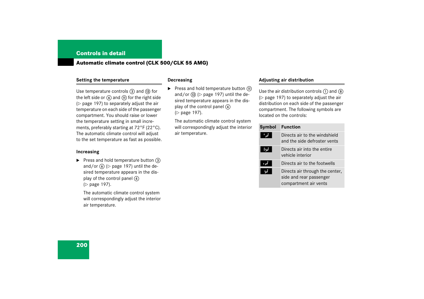 Climate control system:temperature, Air distribution, Setting the temperature adjusting air distribution | Mercedes-Benz CLK-Class 2006 Owners Manual User Manual | Page 201 / 514