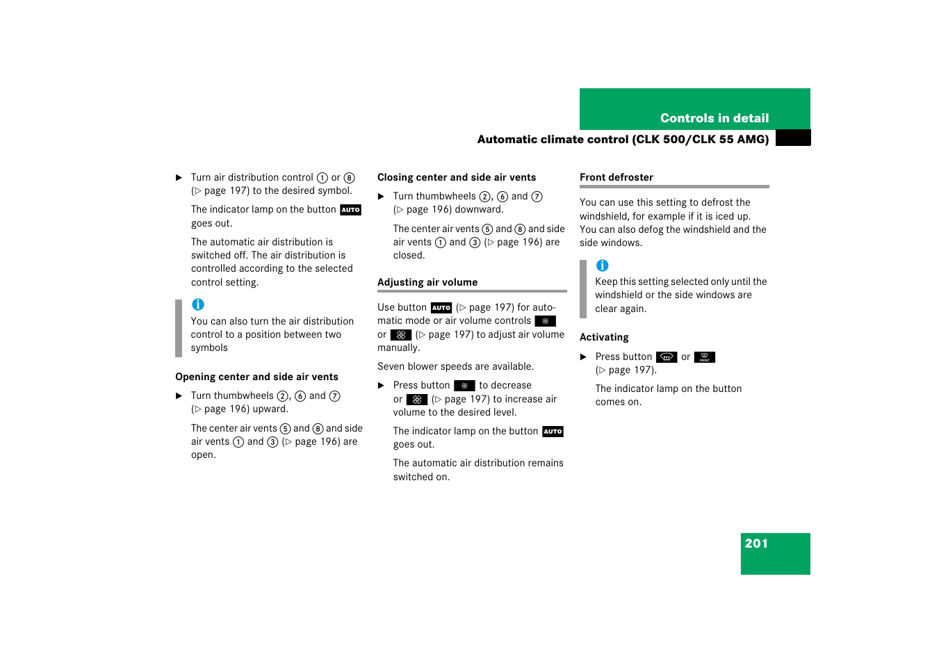 Climate control system:air volume, Defrosting, front, Adjusting air volume front defroster | Mercedes-Benz CLK-Class 2006 Owners Manual User Manual | Page 202 / 514