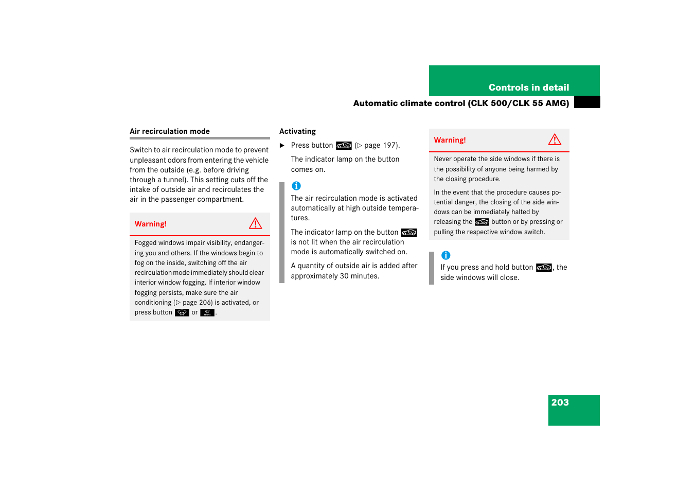 Air recirculation mode | Mercedes-Benz CLK-Class 2006 Owners Manual User Manual | Page 204 / 514