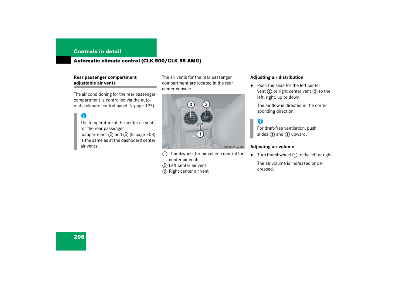 Air vents, Rear passenger compartment adjustable air vents | Mercedes-Benz CLK-Class 2006 Owners Manual User Manual | Page 209 / 514