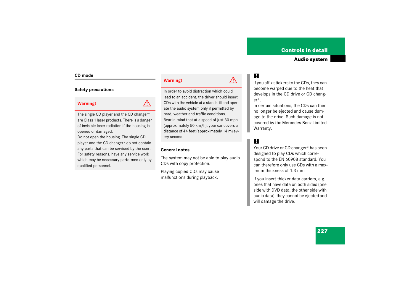 Audio system:cd operation, Cd mode | Mercedes-Benz CLK-Class 2006 Owners Manual User Manual | Page 228 / 514