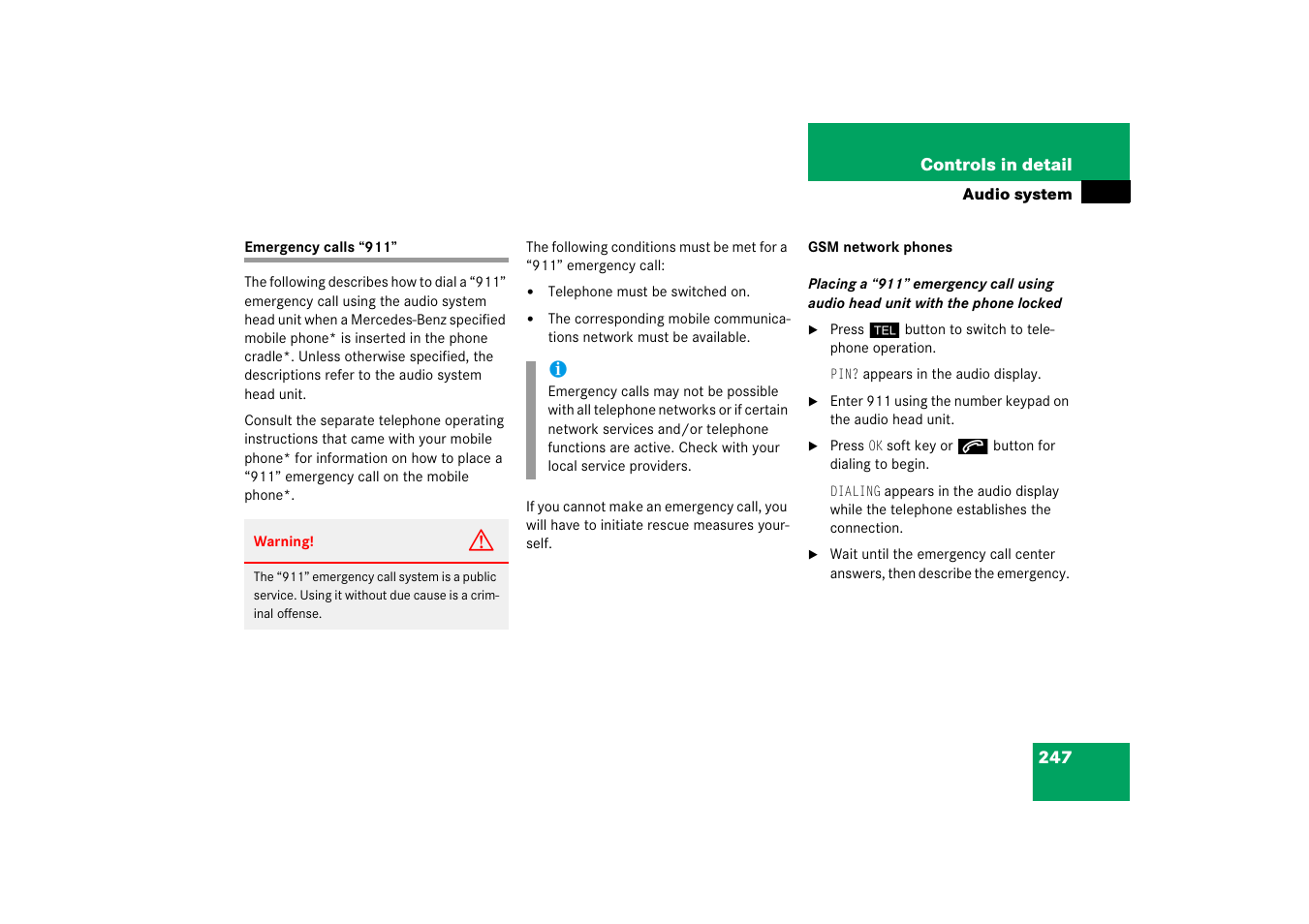 Emergency calls:911 calls, Emergency calls “911 | Mercedes-Benz CLK-Class 2006 Owners Manual User Manual | Page 248 / 514