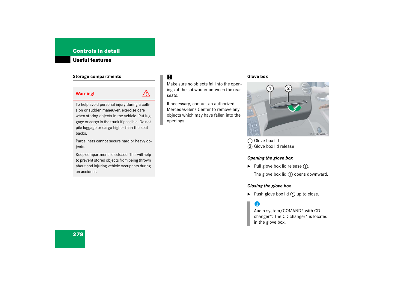 Useful features, Storage compartments | Mercedes-Benz CLK-Class 2006 Owners Manual User Manual | Page 279 / 514