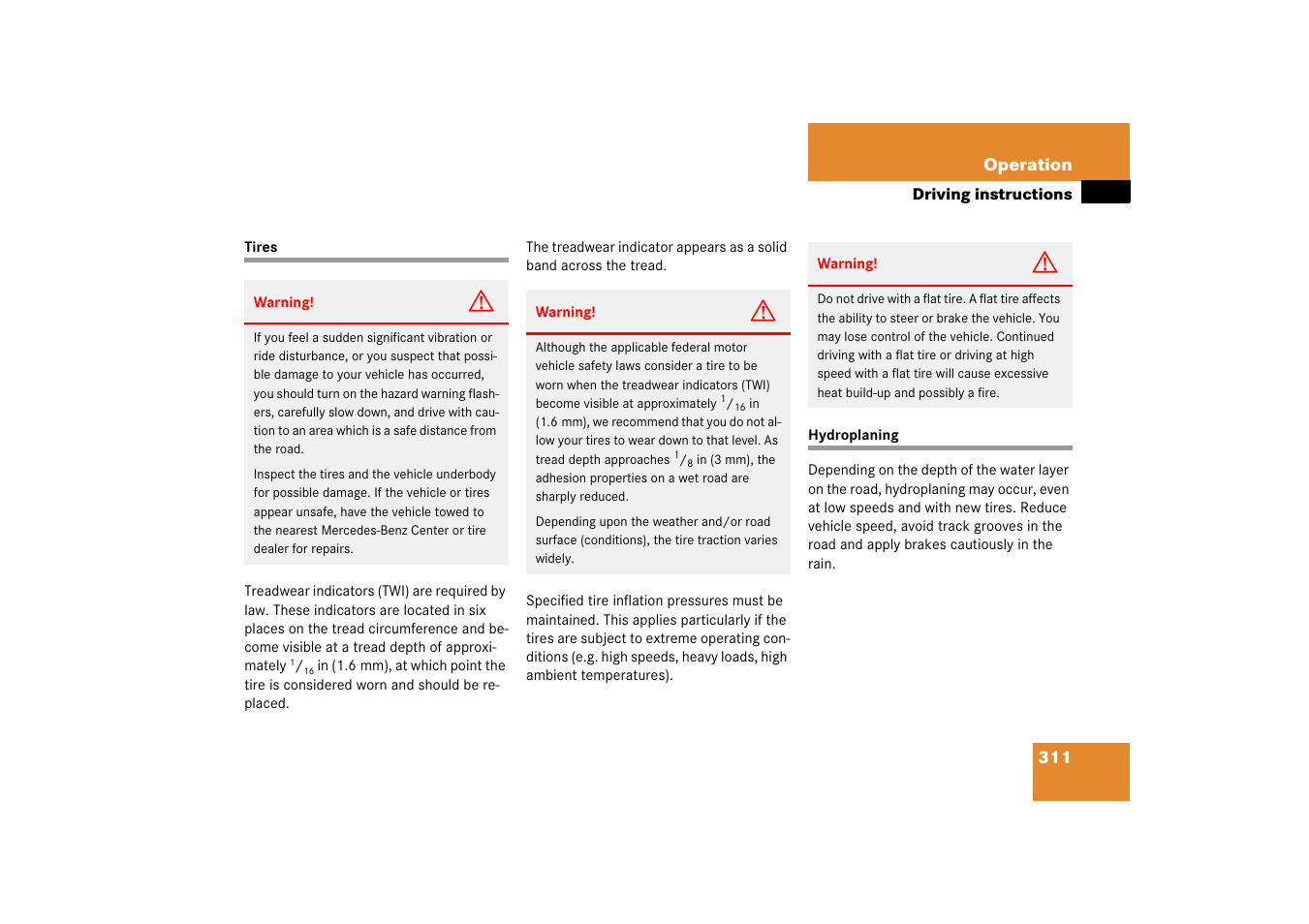 Tires:driving instructions, Aquaplaning, Tires hydroplaning | Mercedes-Benz CLK-Class 2006 Owners Manual User Manual | Page 312 / 514