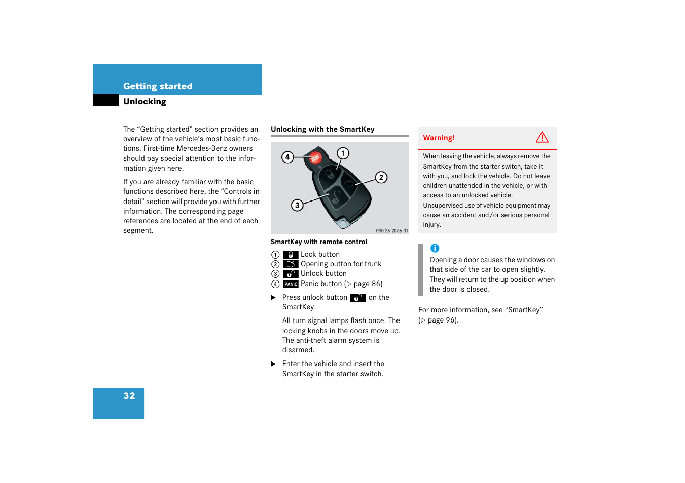 Door:locking/unlocking, smartkey, Unlocking, Unlocking with the smartkey | Mercedes-Benz CLK-Class 2006 Owners Manual User Manual | Page 33 / 514
