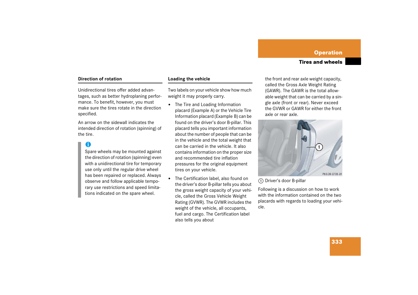 Direction of rotation (tires), Loading the vehicle, Direction of rotation loading the vehicle | Mercedes-Benz CLK-Class 2006 Owners Manual User Manual | Page 334 / 514