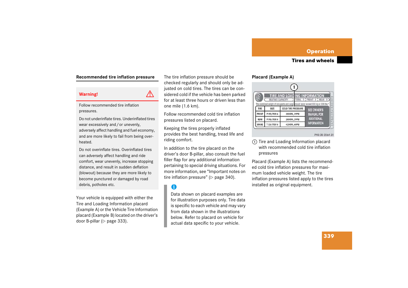 Tires:inflation pressure, Recommended tire inflation pressure | Mercedes-Benz CLK-Class 2006 Owners Manual User Manual | Page 340 / 514