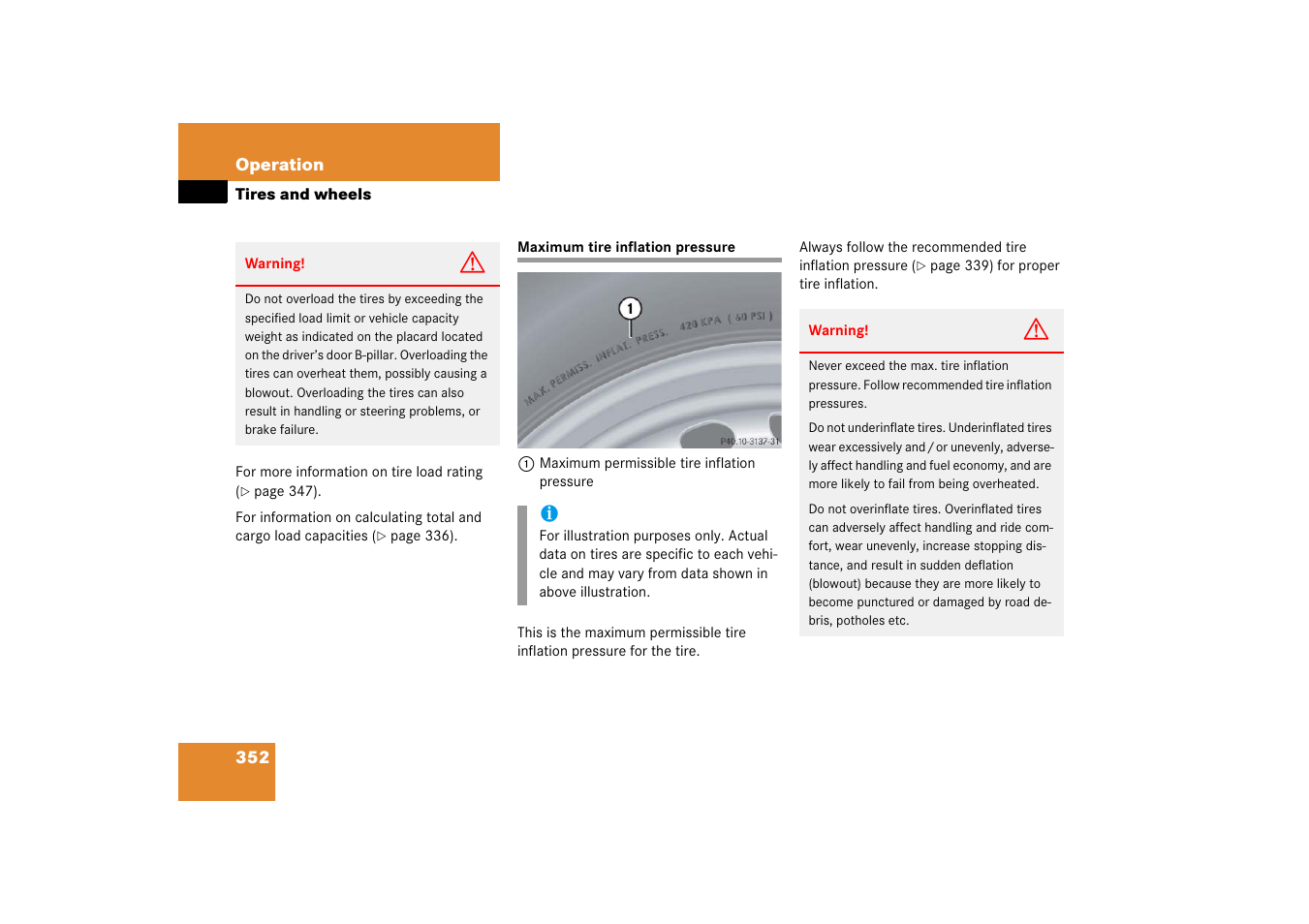 Maximum tire pressure, Maximum tire inflation pressure | Mercedes-Benz CLK-Class 2006 Owners Manual User Manual | Page 353 / 514
