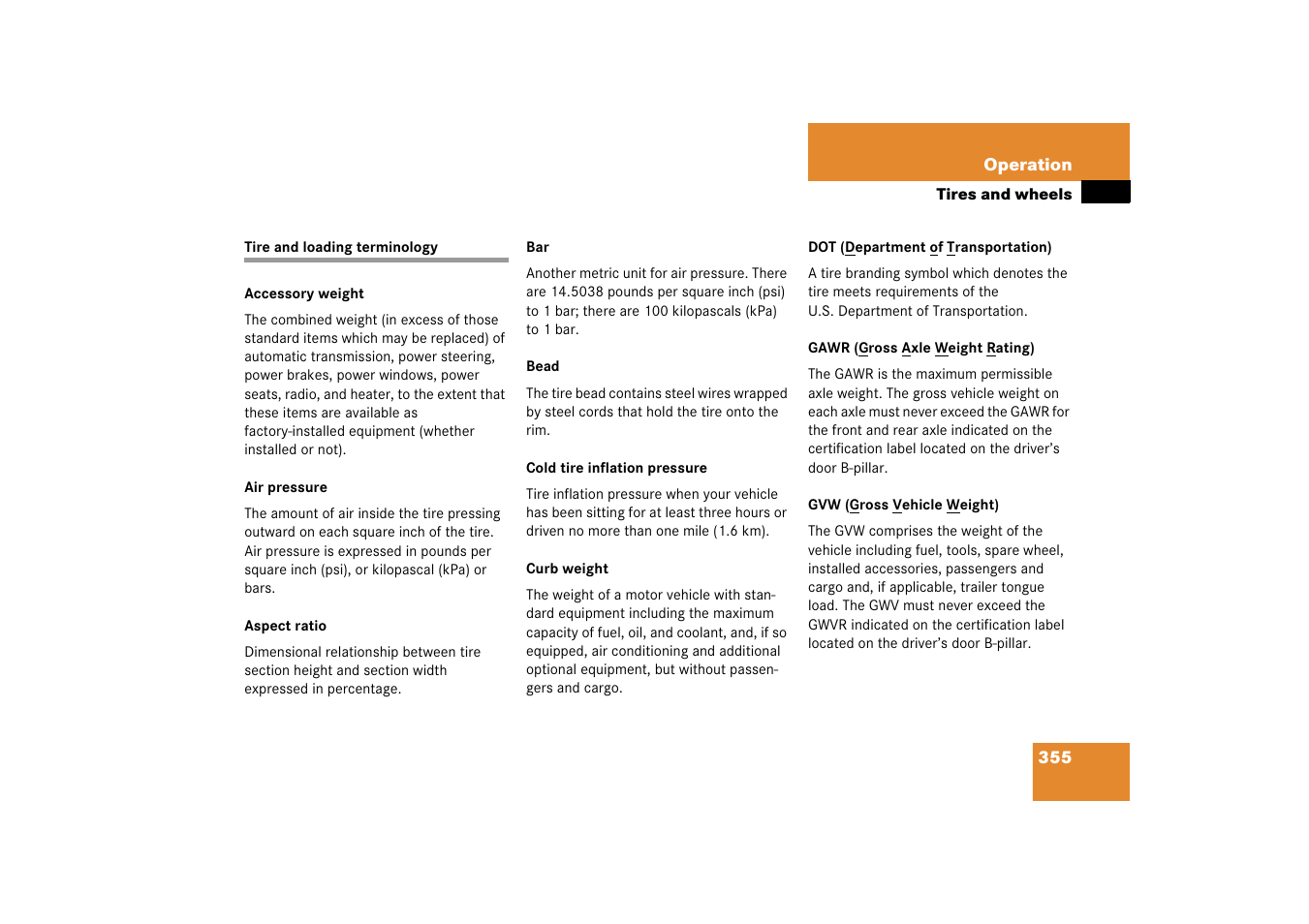 Tire and loading information:terminology, Tire and loading terminology | Mercedes-Benz CLK-Class 2006 Owners Manual User Manual | Page 356 / 514