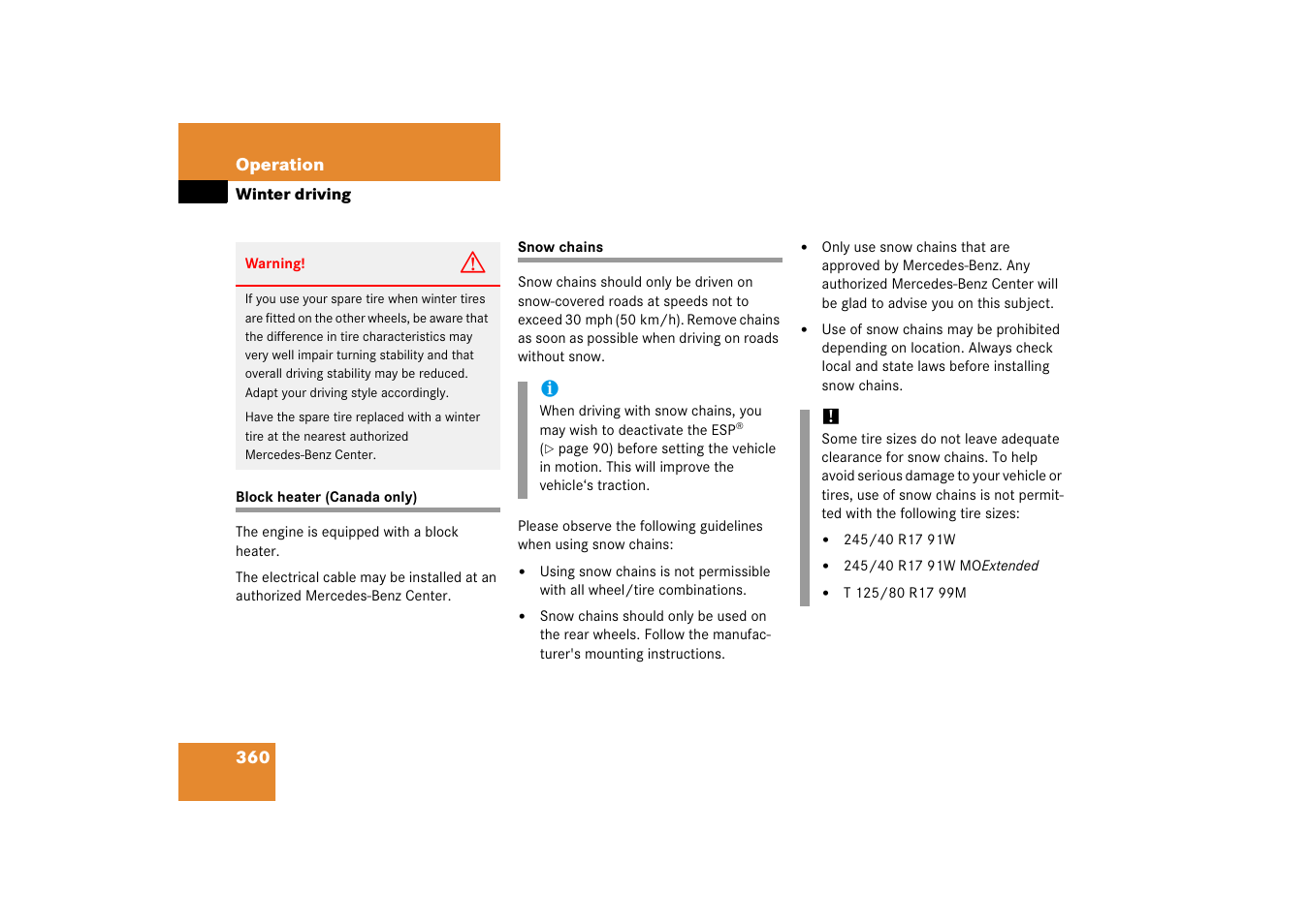 Block heater (canada only), Snow chains, Block heater (canada only) snow chains | See “snow chains | Mercedes-Benz CLK-Class 2006 Owners Manual User Manual | Page 361 / 514