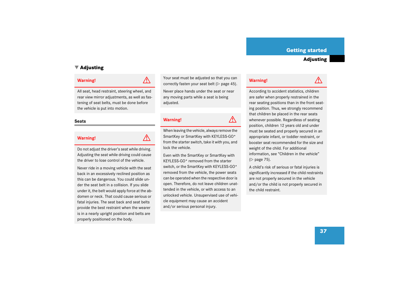 Adjustment, seat steering wheel, mirrors, Seats, power, Adjusting | Seats | Mercedes-Benz CLK-Class 2006 Owners Manual User Manual | Page 38 / 514