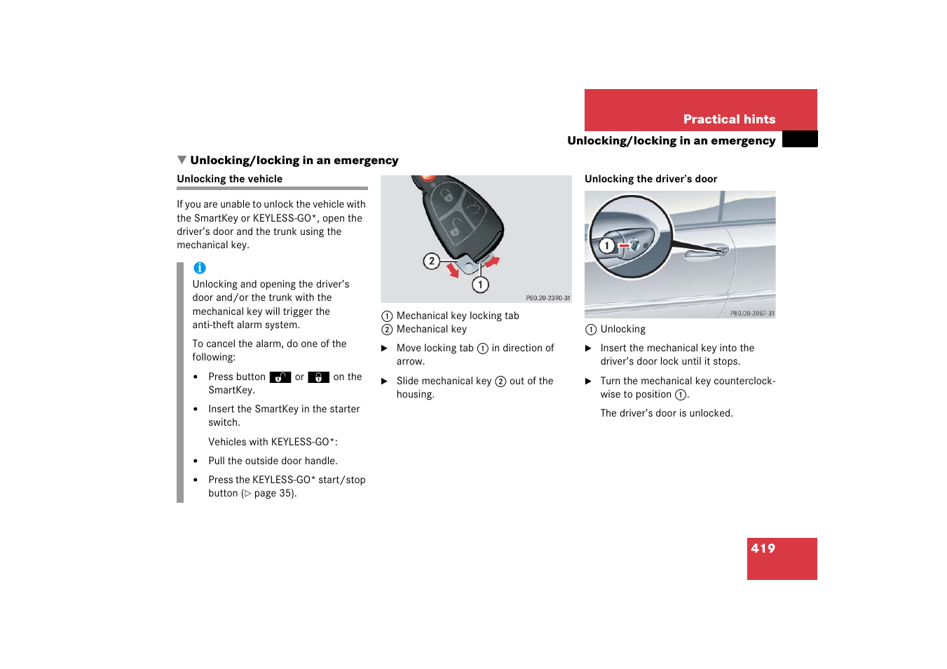 Emergency operations:unlocking/locking the vehicle, Vehicle:unlocking/locking in an emergency, Unlocking/locking in an emergency | Unlocking the vehicle, Door | Mercedes-Benz CLK-Class 2006 Owners Manual User Manual | Page 420 / 514