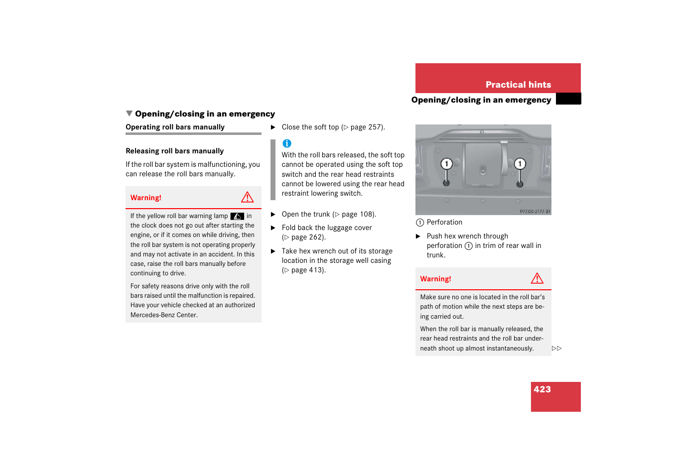 Roll bar:operating manually, Opening/closing in an emergency, Operating roll bars manually | Mercedes-Benz CLK-Class 2006 Owners Manual User Manual | Page 424 / 514