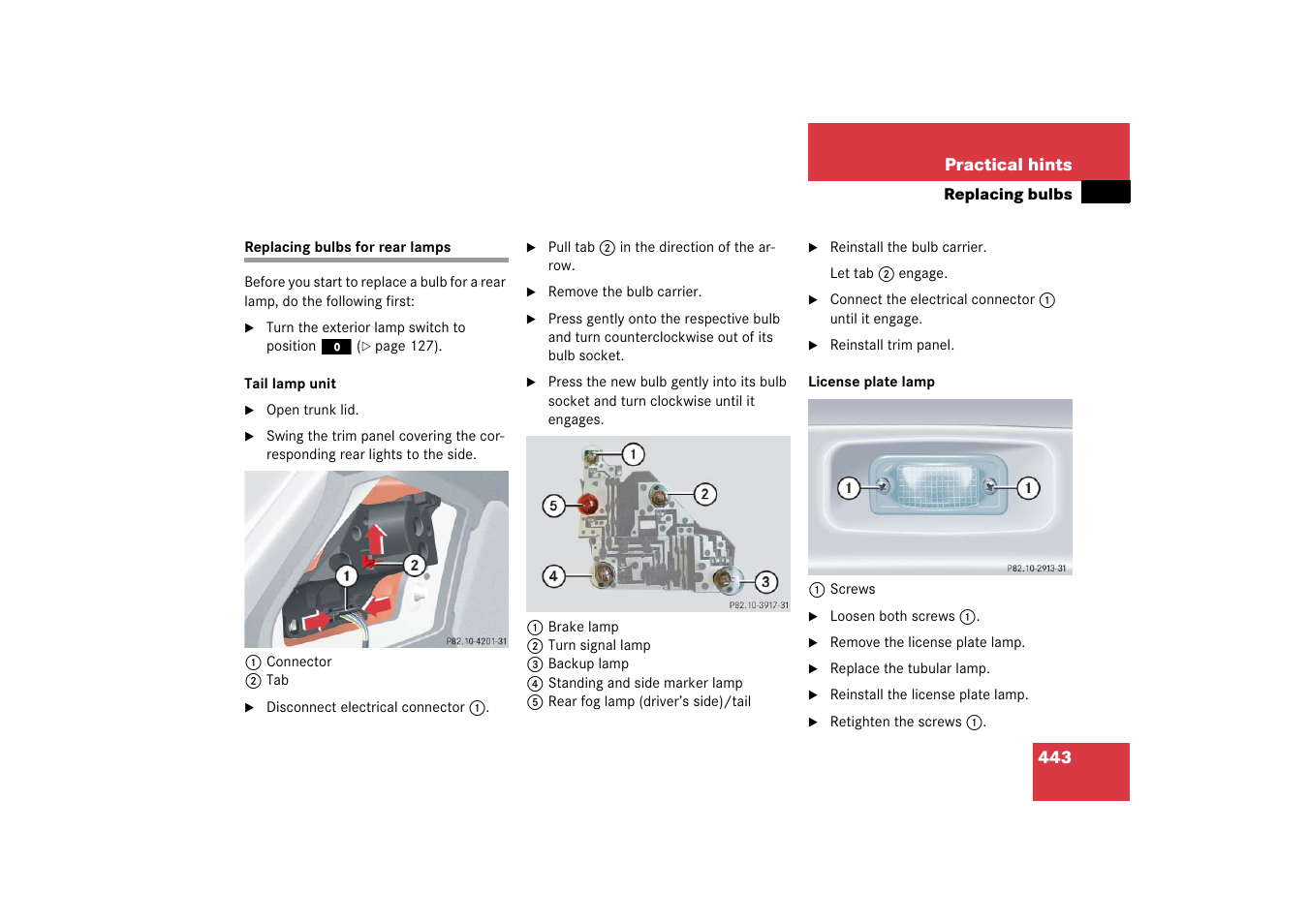 Headlamps:replacing bulbs, Replacing bulbs for rear lamps | Mercedes-Benz CLK-Class 2006 Owners Manual User Manual | Page 444 / 514