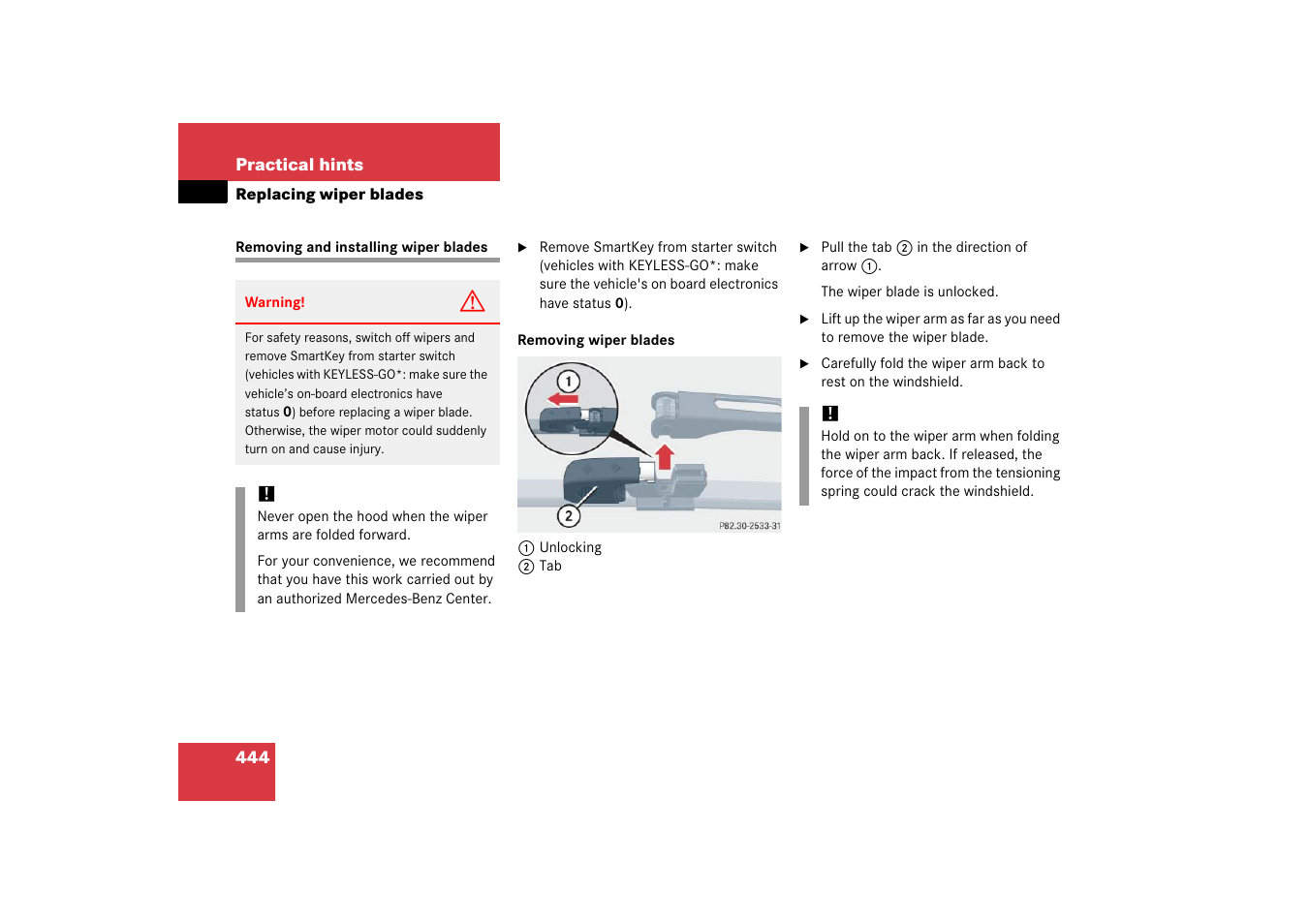 Windshield wipers:replacing wiper blades, Removing and installing wiper blades, Replacing wiper blades | Mercedes-Benz CLK-Class 2006 Owners Manual User Manual | Page 445 / 514