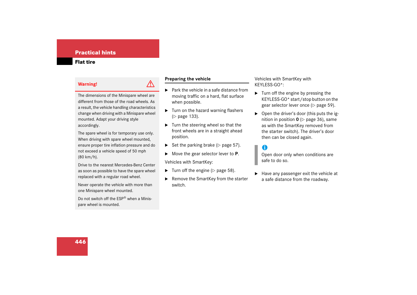 Flat tire, Flat tire:preparing the vehicle, Preparing the vehicle | Mercedes-Benz CLK-Class 2006 Owners Manual User Manual | Page 447 / 514