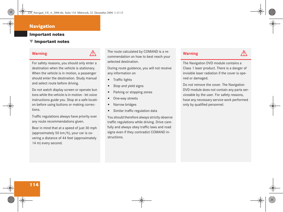 114 navigation | Mercedes-Benz S-Class 2006 COMAND Manual User Manual | Page 116 / 226