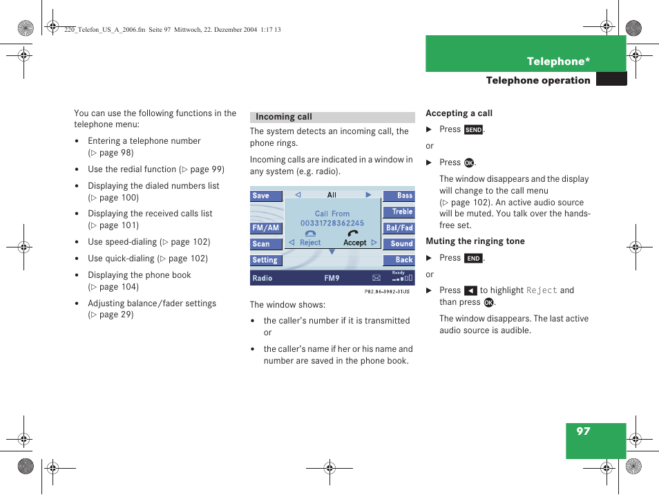97 telephone | Mercedes-Benz S-Class 2006 COMAND Manual User Manual | Page 99 / 226