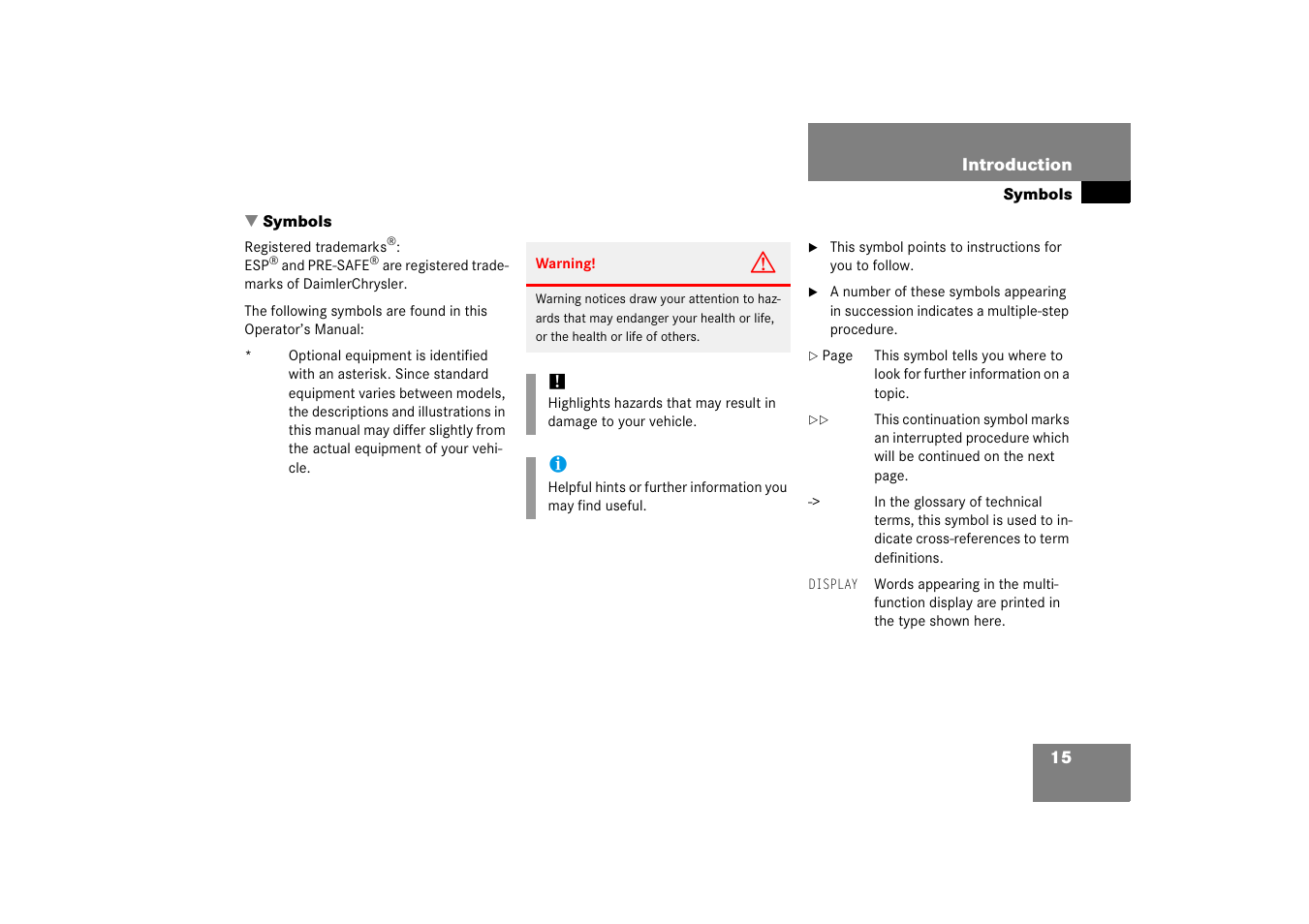 Symbols | Mercedes-Benz S-Class 2006 Owners Manual User Manual | Page 16 / 481