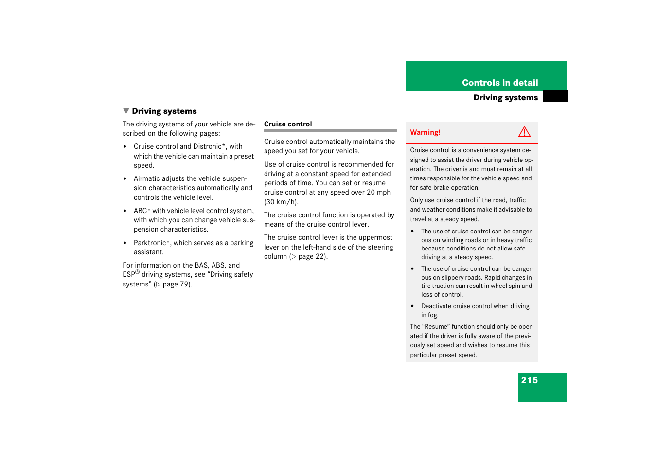 Driving systems, Cruise control | Mercedes-Benz S-Class 2006 Owners Manual User Manual | Page 216 / 481