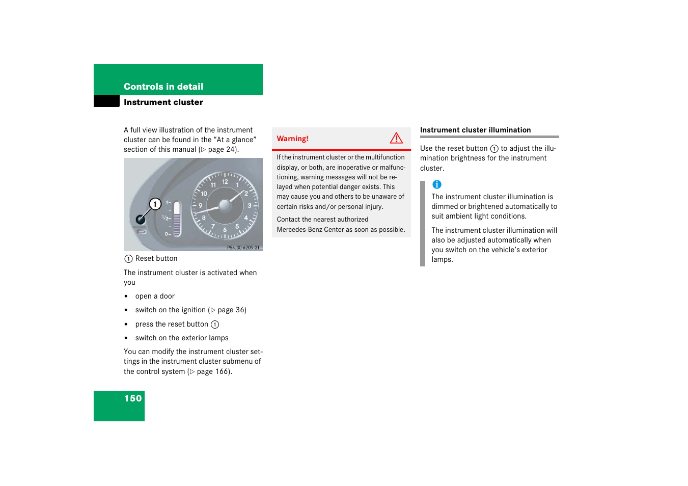 Instrument cluster, Instrument cluster illumination | Mercedes-Benz E-Class 2006 Owners Manual User Manual | Page 151 / 521
