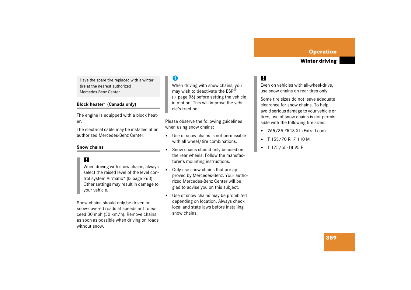 Block heater* (canada only) snow chains | Mercedes-Benz E-Class 2006 Owners Manual User Manual | Page 360 / 521