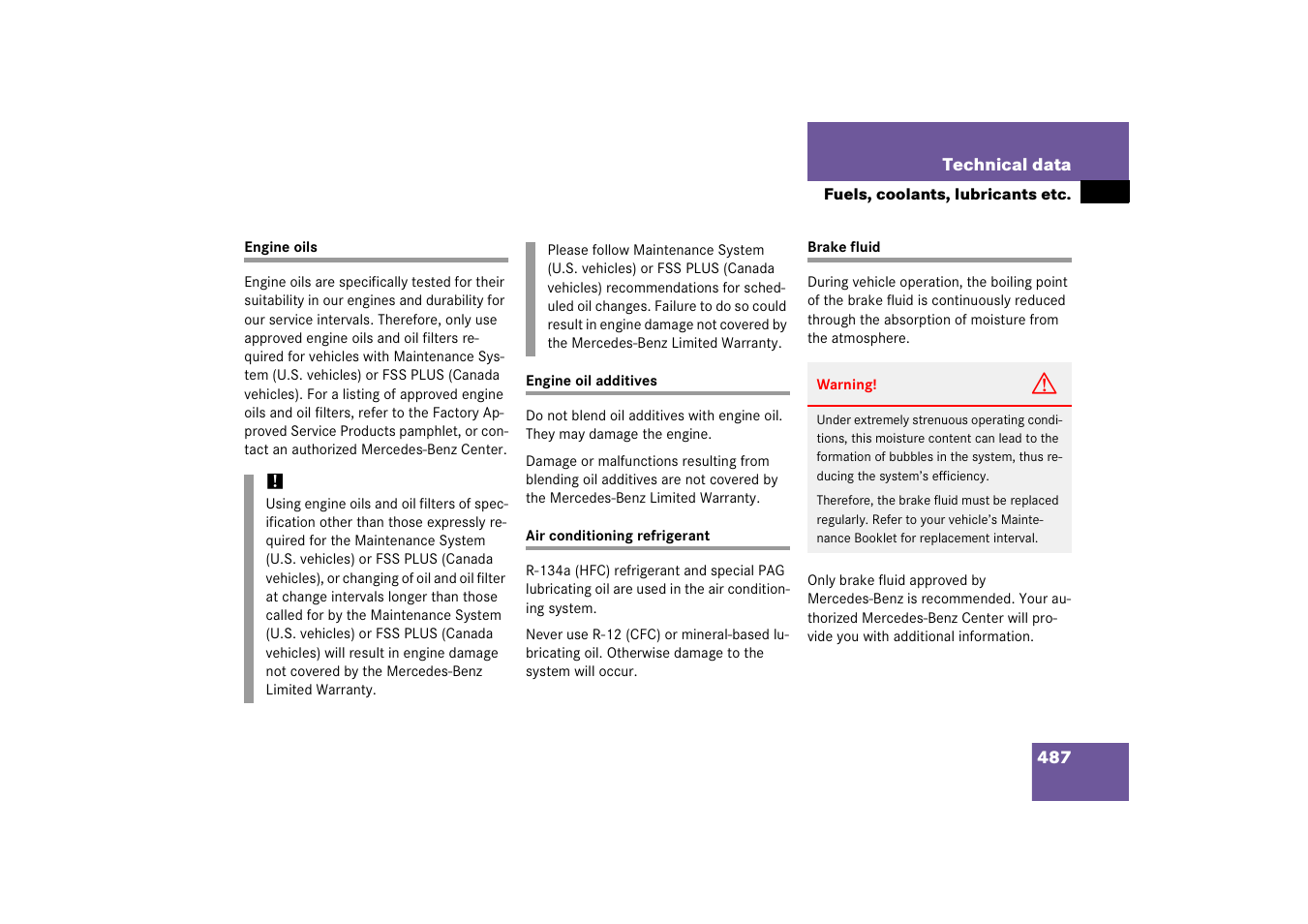 Technical data:brake fluid | Mercedes-Benz E-Class 2006 Owners Manual User Manual | Page 488 / 521