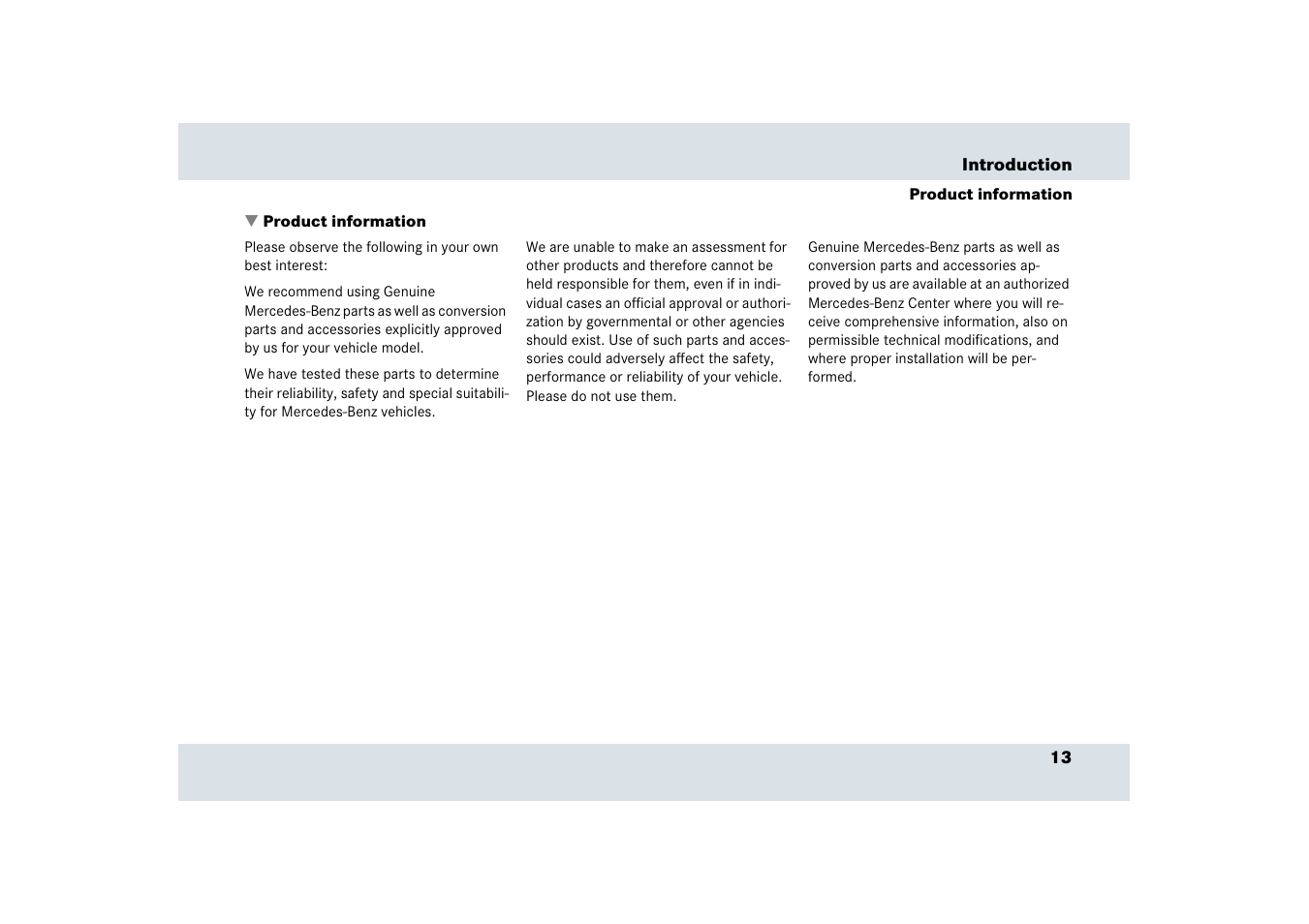 Product information | Mercedes-Benz SLR-Class 2006 User Manual | Page 14 / 409