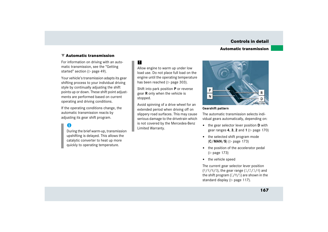 Automatikgetriebe, Automatic transmission, On, see “automatic transmission | Mercedes-Benz SLR-Class 2006 User Manual | Page 168 / 409