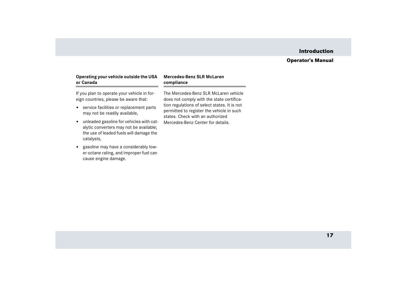 Operating your vehicle outside the usa or canada, Mercedes-benz slr mclaren compliance | Mercedes-Benz SLR-Class 2006 User Manual | Page 18 / 409