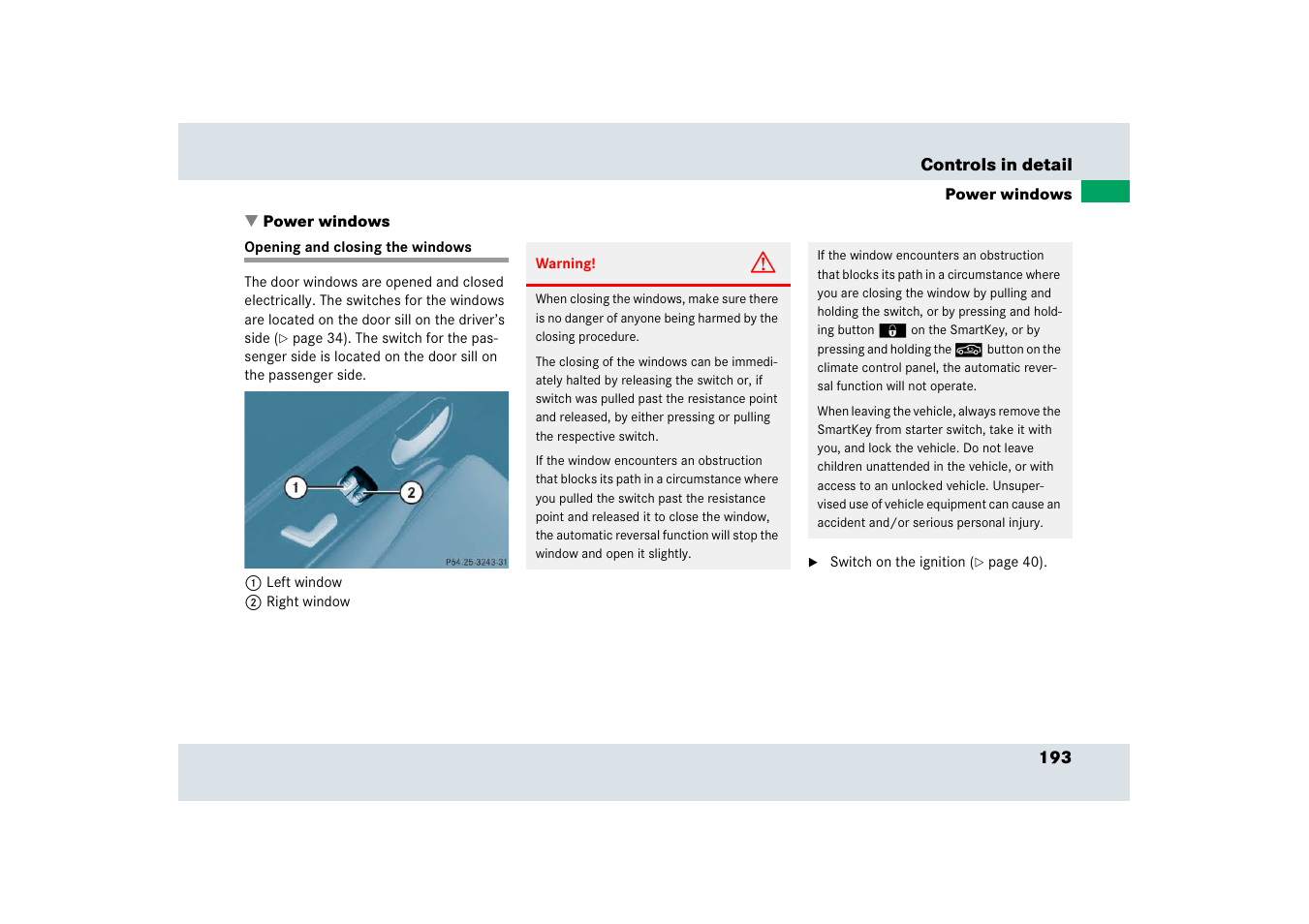 Open air, Power windows, Opening and closing the windows | Mercedes-Benz SLR-Class 2006 User Manual | Page 194 / 409