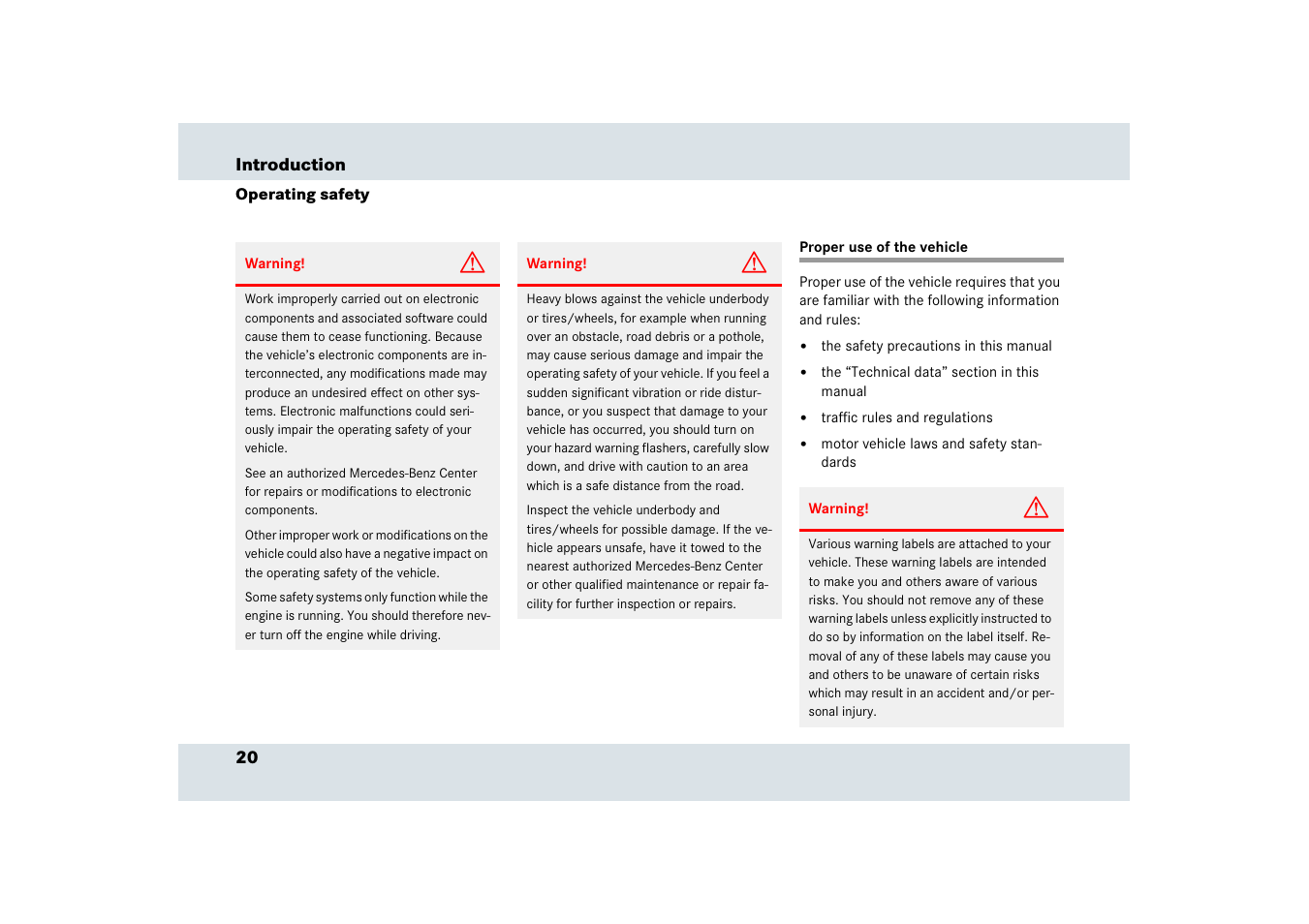 Proper use of the vehicle, Operating safety | Mercedes-Benz SLR-Class 2006 User Manual | Page 21 / 409
