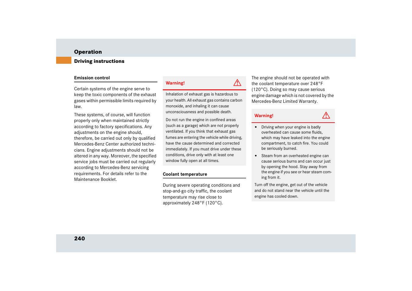Emission control, Coolant:temperature, Emission control coolant temperature | Mercedes-Benz SLR-Class 2006 User Manual | Page 241 / 409