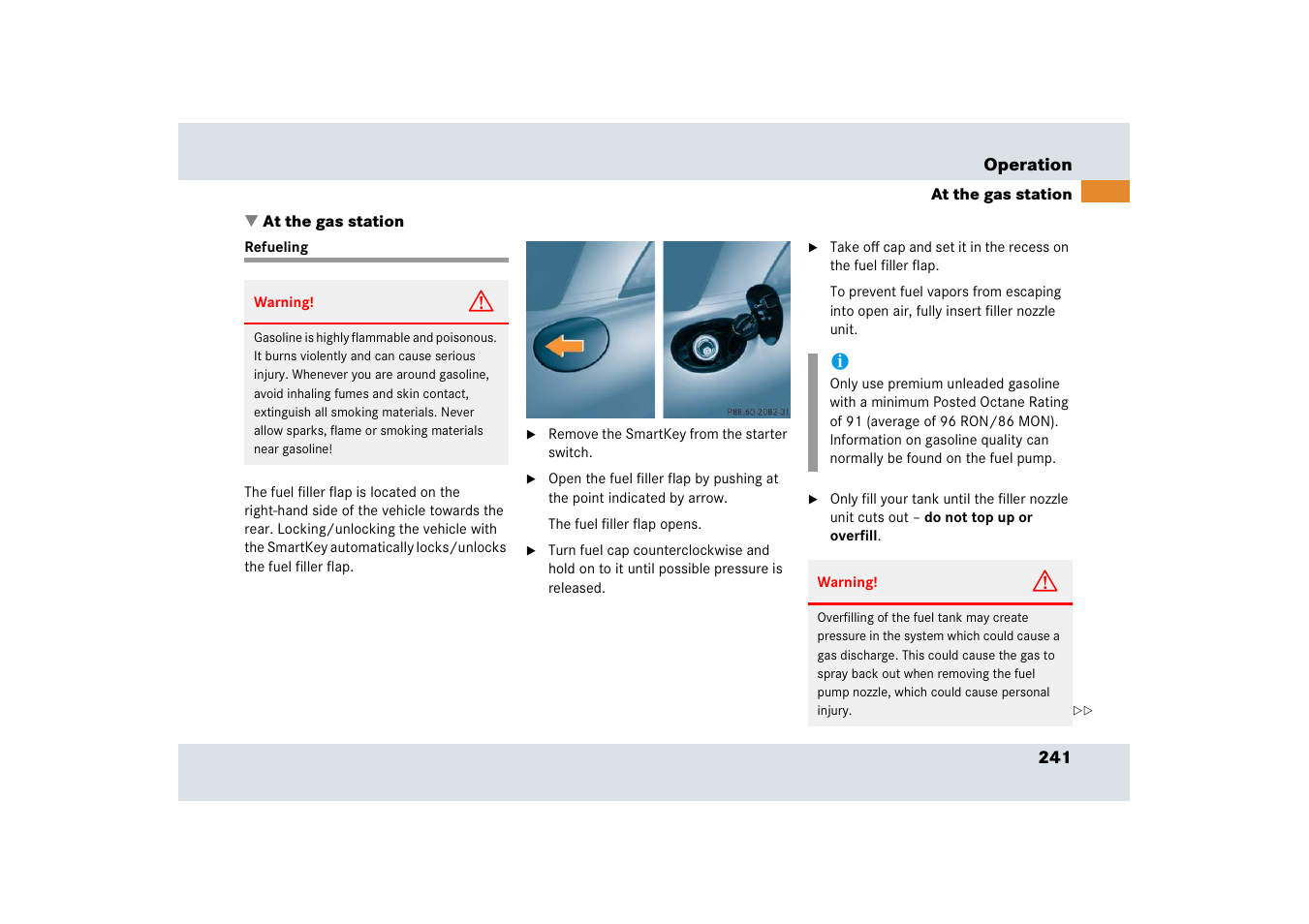 Tanken, Fuel:filling the tank, At the gas station | Refueling | Mercedes-Benz SLR-Class 2006 User Manual | Page 242 / 409