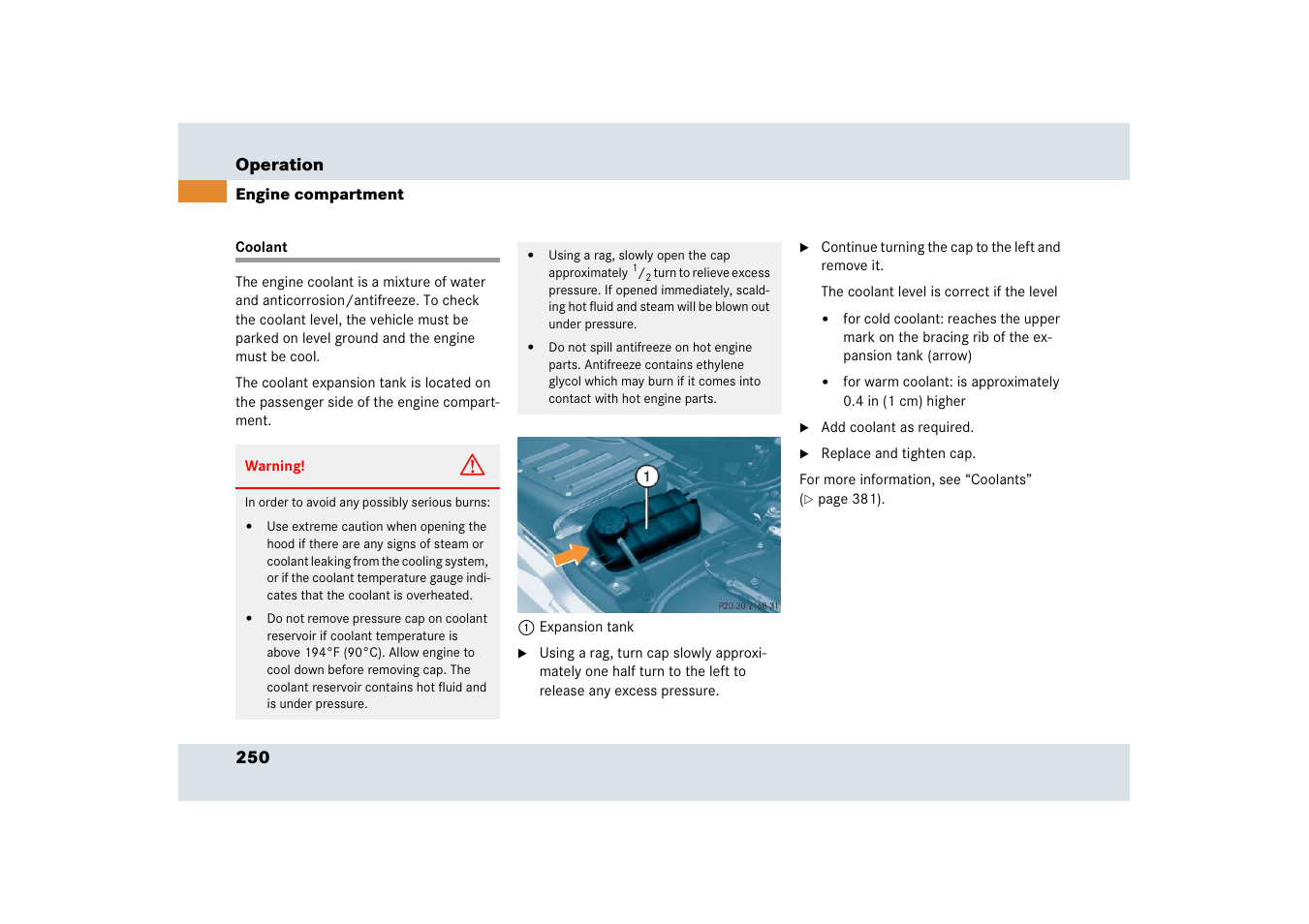 Coolant:checking coolant level, Coolant, See “coolant | Mercedes-Benz SLR-Class 2006 User Manual | Page 251 / 409