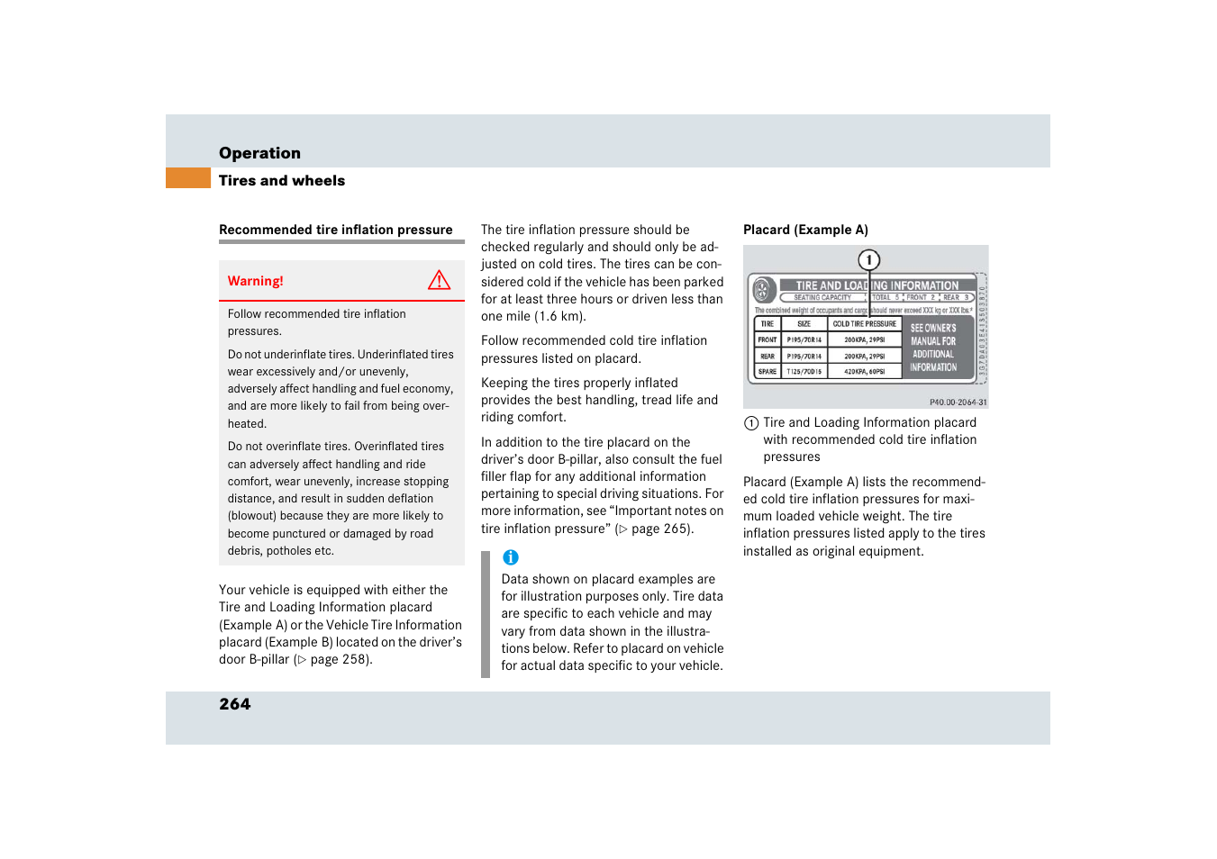Recommended tire inflation pressure, See “recommended tire inflation pres- sure | Mercedes-Benz SLR-Class 2006 User Manual | Page 265 / 409