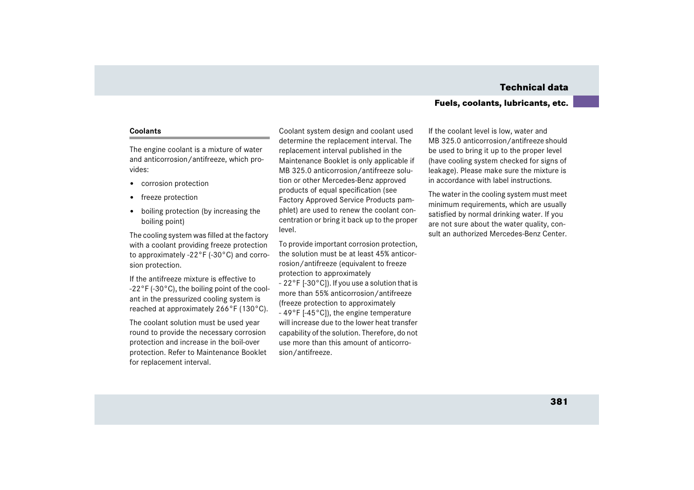 Technical data:coolants, Coolants | Mercedes-Benz SLR-Class 2006 User Manual | Page 382 / 409