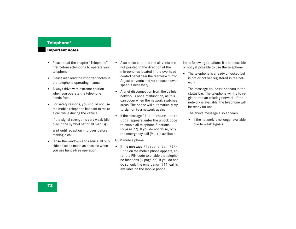 72 telephone | Mercedes-Benz C-Sedan OCS 2005 COMAND Manual User Manual | Page 132 / 237