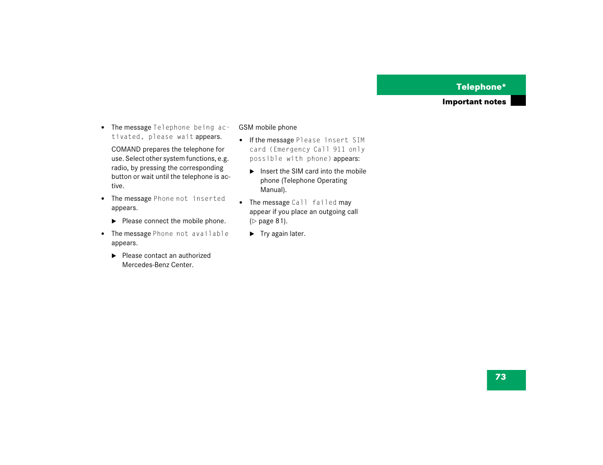 73 telephone | Mercedes-Benz C-Sedan OCS 2005 COMAND Manual User Manual | Page 133 / 237