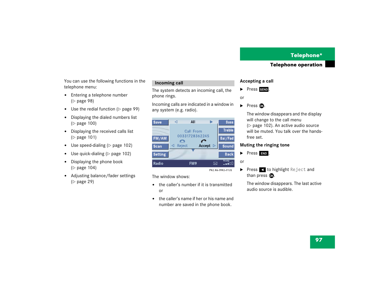 97 telephone | Mercedes-Benz CL-Class 2005 COMAND Manual User Manual | Page 99 / 227