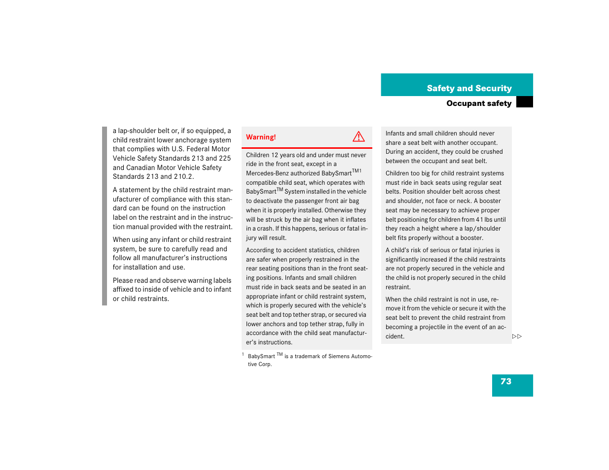 73 safety and security | Mercedes-Benz CL-Class 2005 Owners Manual User Manual | Page 75 / 458