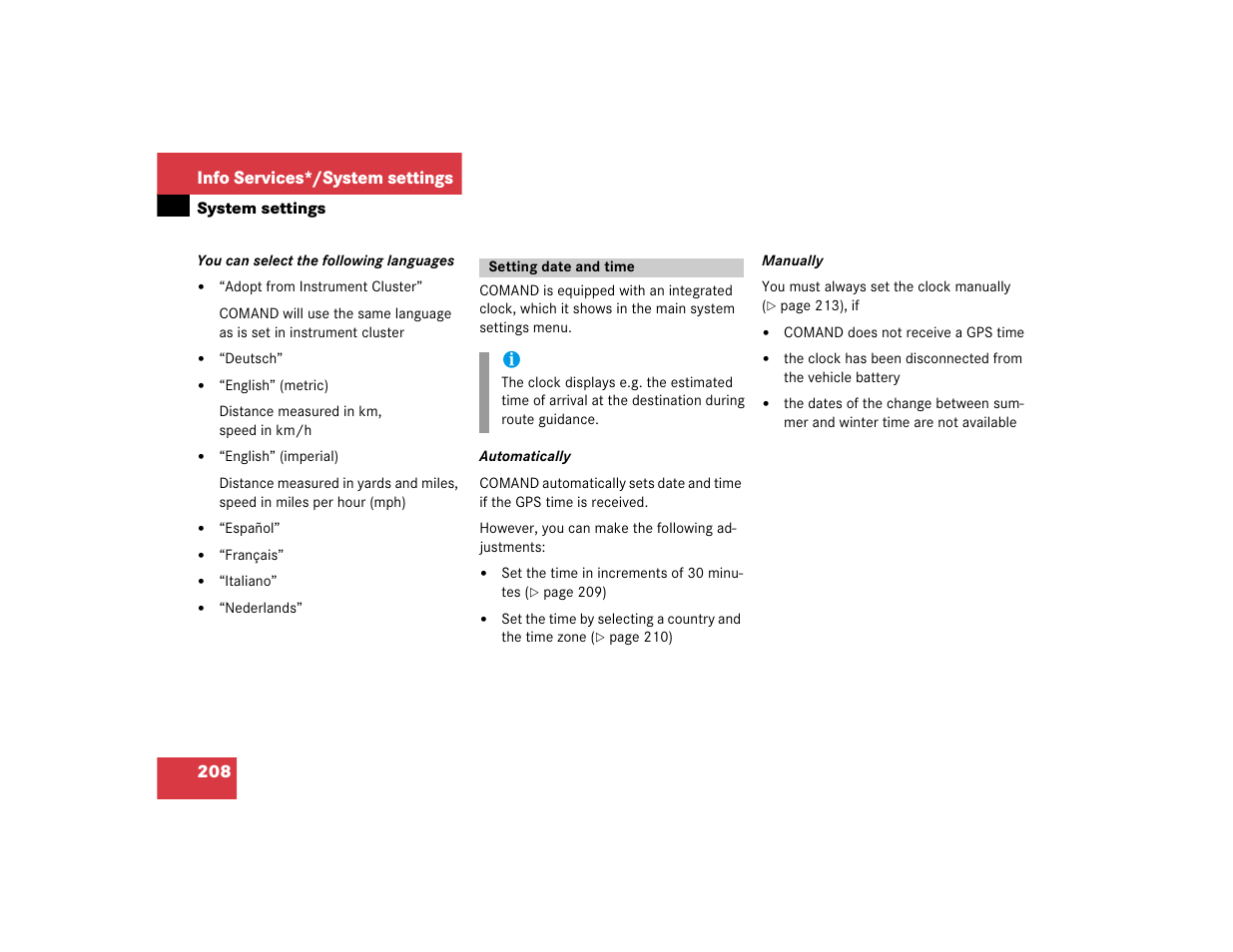 208 info services*/system settings | Mercedes-Benz G-Class 2005 COMAND Manual User Manual | Page 215 / 243