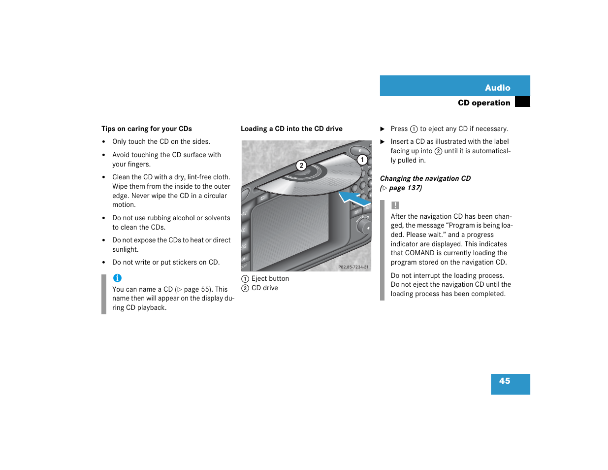 45 audio, Cd operation | Mercedes-Benz G-Class 2005 COMAND Manual User Manual | Page 52 / 243