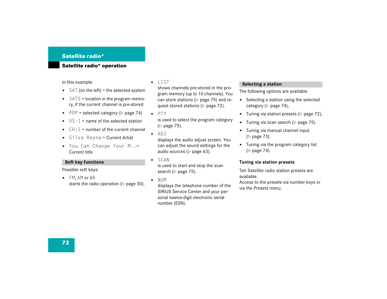 72 satellite radio | Mercedes-Benz M-Class 2005 COMAND Manual User Manual | Page 75 / 173