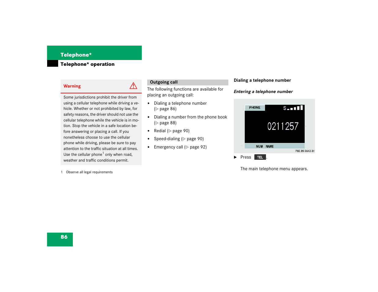 86 telephone | Mercedes-Benz M-Class 2005 COMAND Manual User Manual | Page 89 / 173