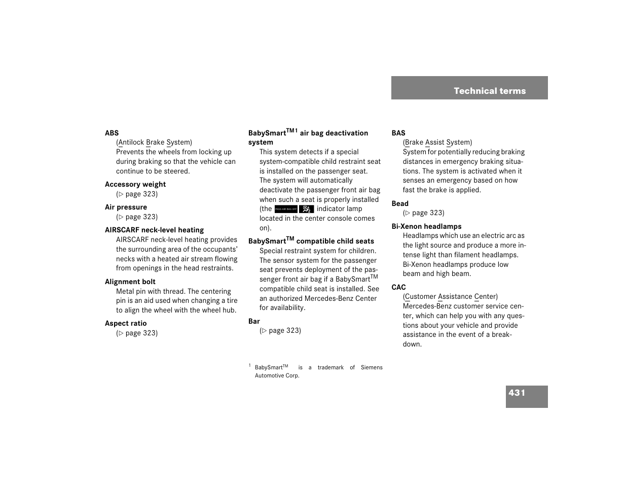 431 technical terms | Mercedes-Benz SLK-Class 2005 Owners Manual User Manual | Page 431 / 464