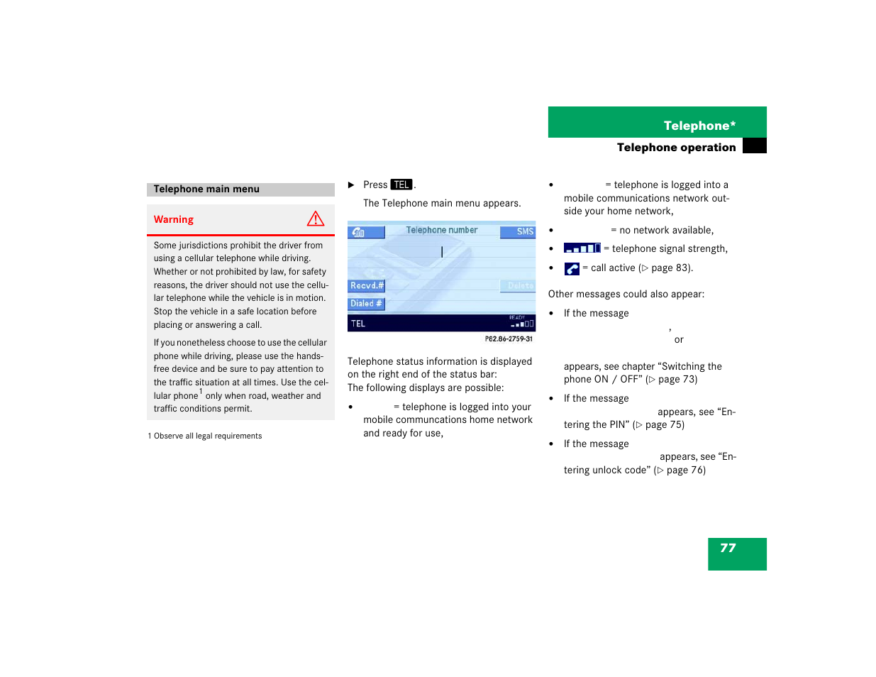 77 telephone | Mercedes-Benz E-Class 2004 COMAND Manual User Manual | Page 78 / 168