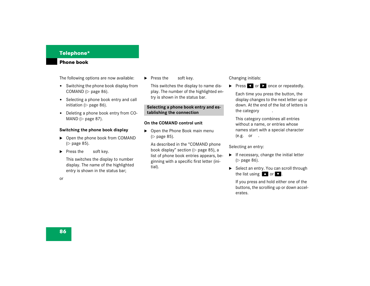 86 telephone | Mercedes-Benz E-Class 2004 COMAND Manual User Manual | Page 87 / 168