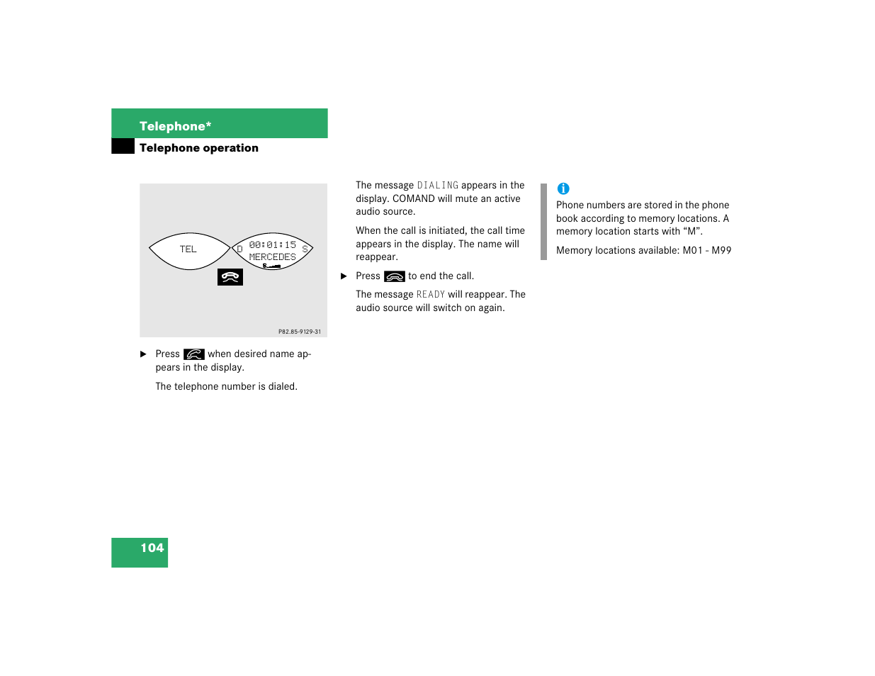 104 telephone | Mercedes-Benz SL-Class 2004 COMAND Manual User Manual | Page 113 / 242