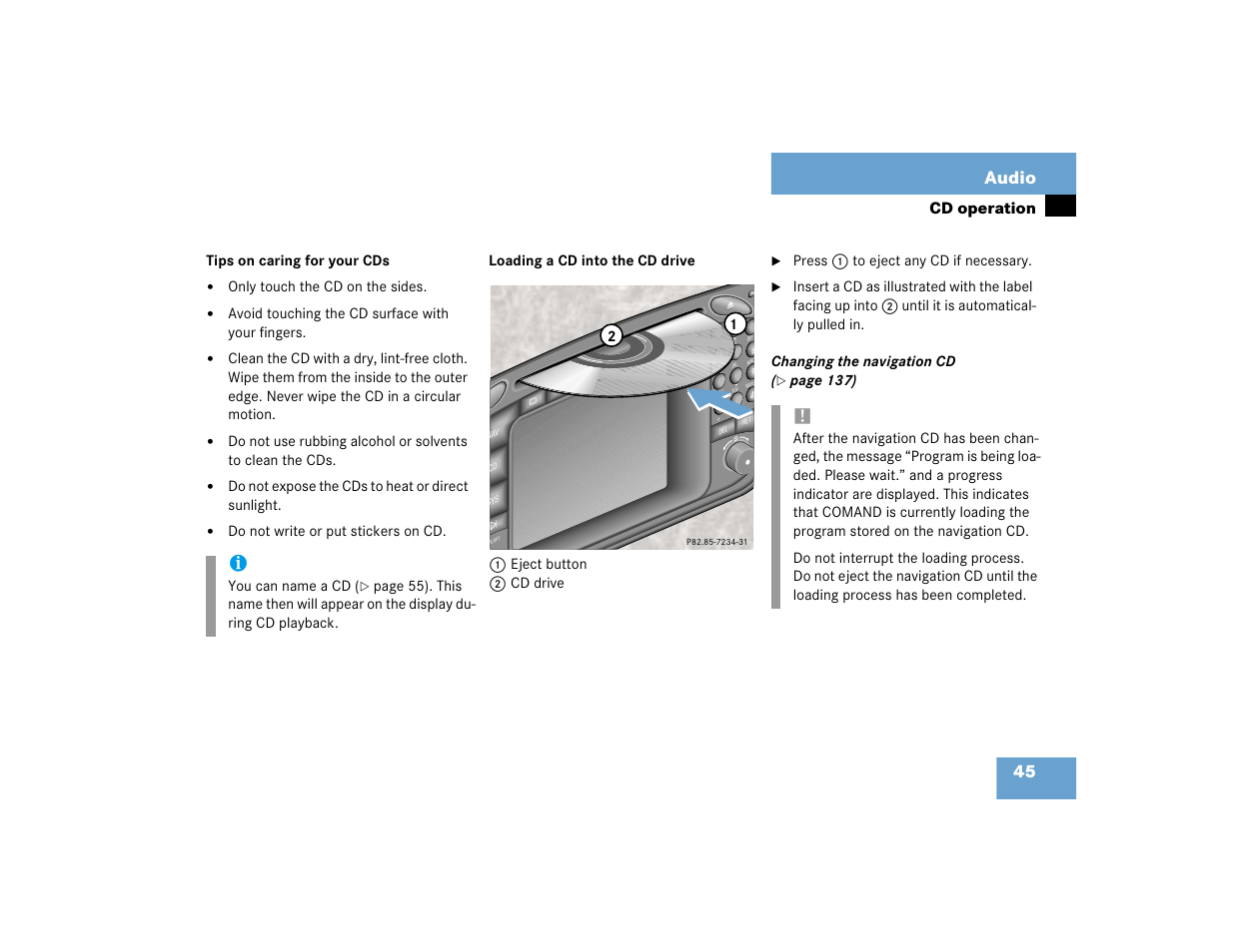 45 audio, Cd operation | Mercedes-Benz SL-Class 2004 COMAND Manual User Manual | Page 54 / 242